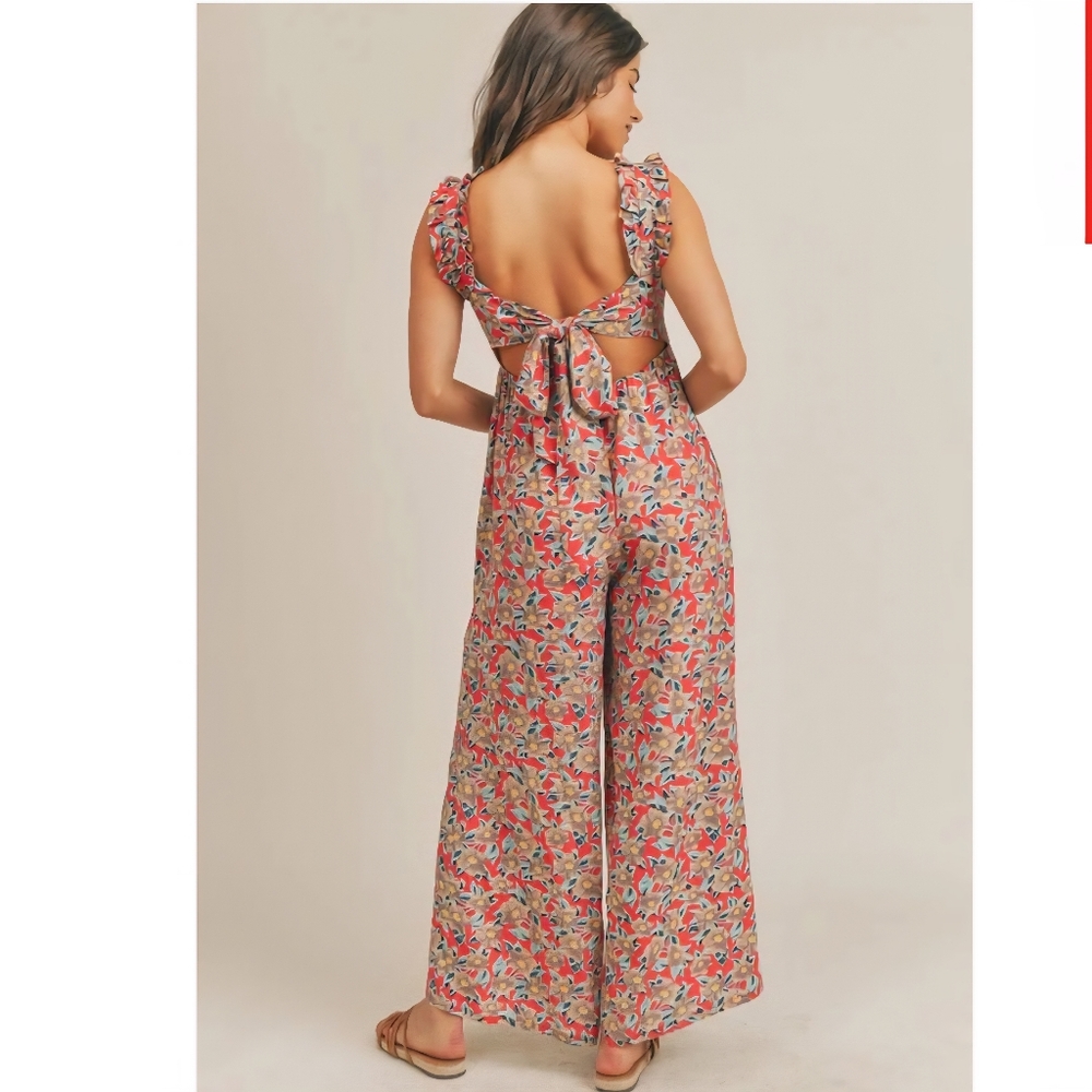 & Merci Floral Wide Ruffle Straps Flowy Wide Leg Pants Back Cutout Elastic Tie - Picture 2 of 15